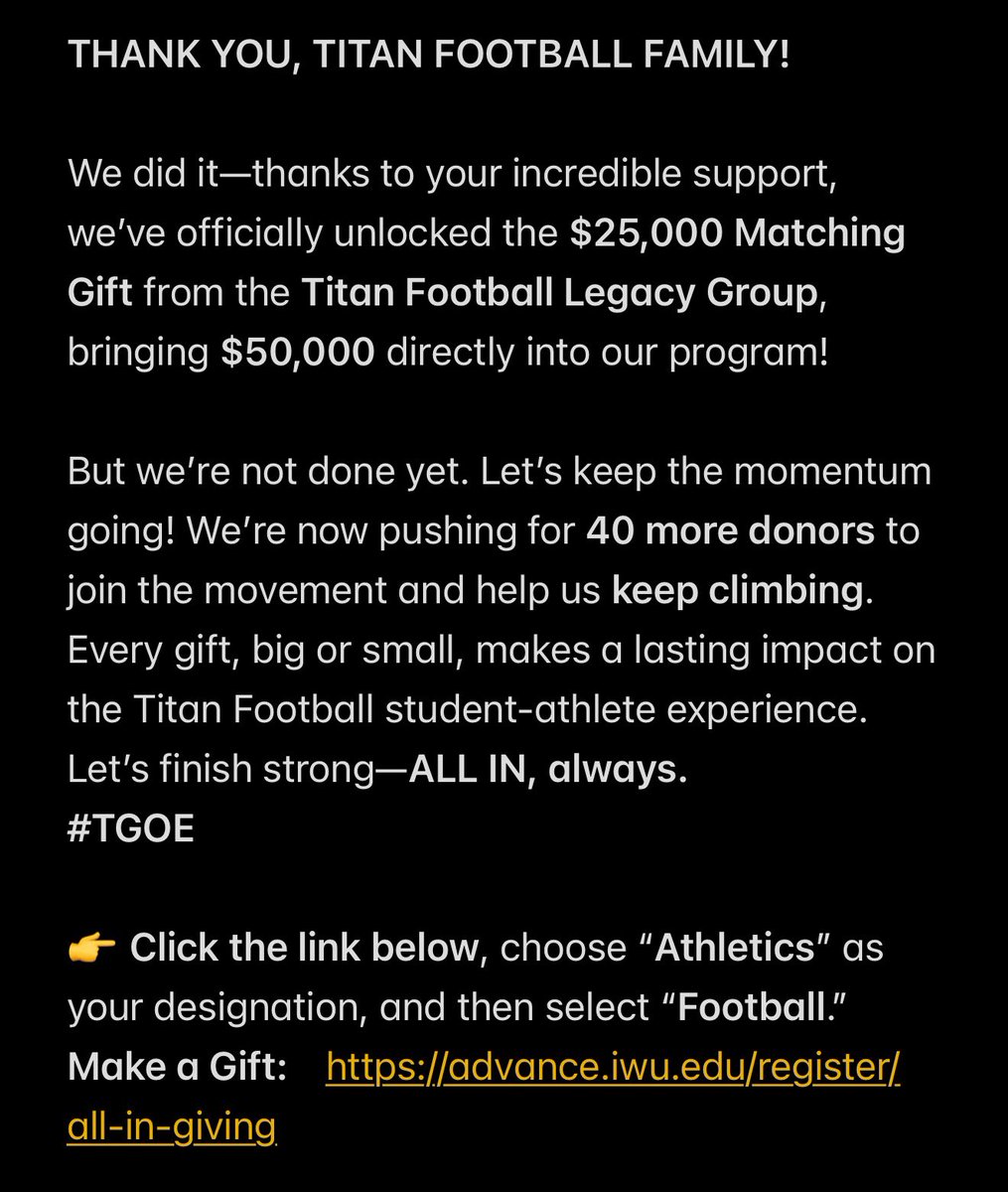 👉 Click the link below, choose “Athletics” as your designation, and then select “Football.”
Make a Gift: advance.iwu.edu/register/all-i…