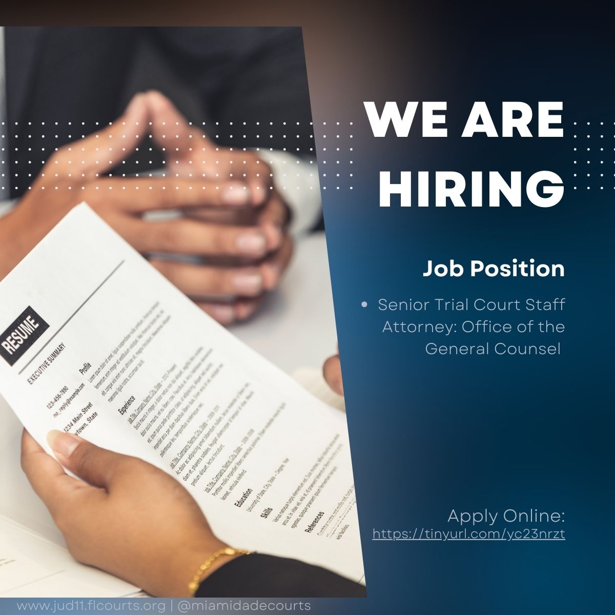 New job opportunities are now open in the Miami-Dade Courts  Hybrid, remote work/onsite schedules are available. 

Apply now at: tinyurl.com/d9nhwpwv 

#WeWhoLaborHere #RemoteWork #Job #Jobs #JobOpportunity #JobSeekers #Hiring #NowHiring #Careers #LegalJobs #GovernmentJobs