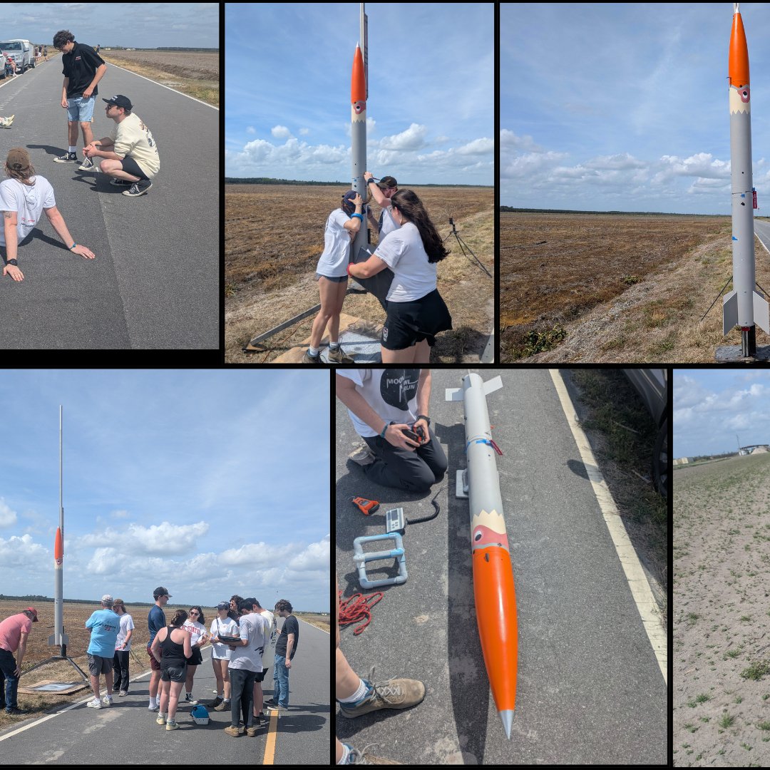 NCSURocketry's tweet photo. Our Senior Design team successfully launched another VDF flight! The rocket flew well, air brakes deployed, and our KE was great. Recovery was a bit messy, but the structure held strong. Next stop: Huntsville! #ncspacegrant #StudentLaunch https://t.co/XMLdVXZdq1