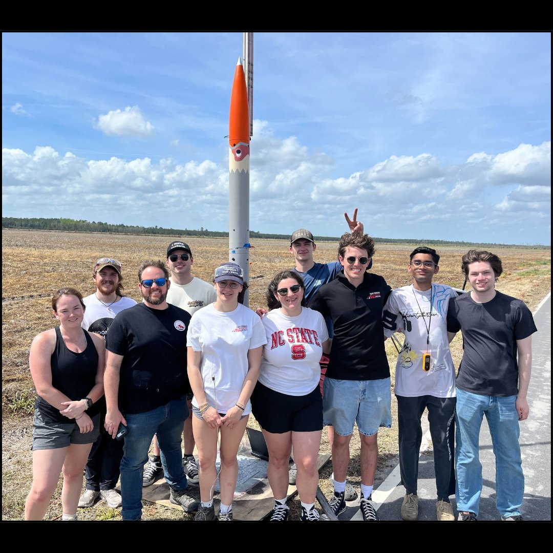 NCSURocketry's tweet photo. Our Senior Design team successfully launched another VDF flight! The rocket flew well, air brakes deployed, and our KE was great. Recovery was a bit messy, but the structure held strong. Next stop: Huntsville! #ncspacegrant #StudentLaunch https://t.co/XMLdVXZdq1