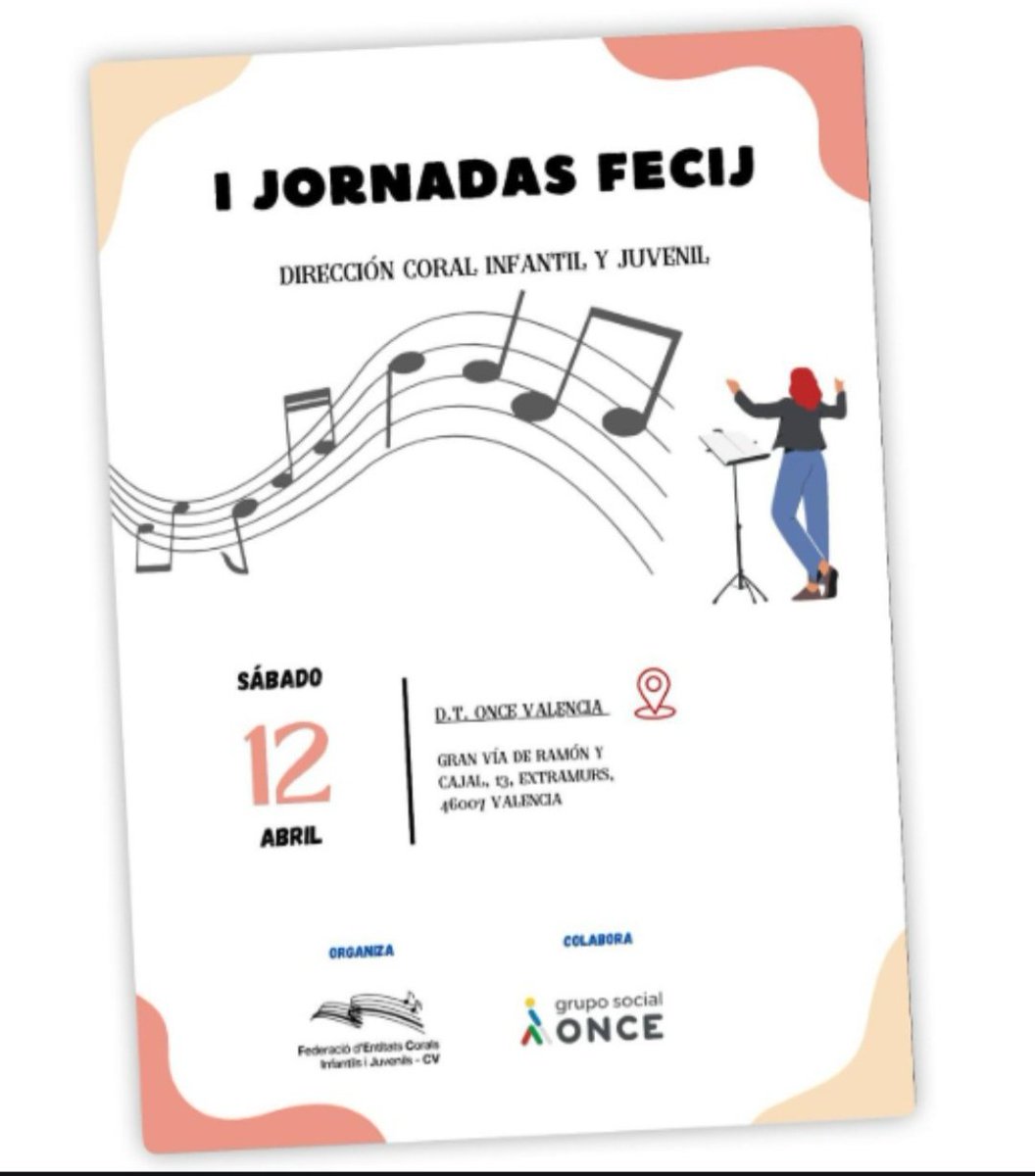 aedcoro's tweet photo. AEDCORO en las I Jornadas de FECIJ.

Este sábado, 12 de abril, se celebrarán 
en Valencia las Primeras Jornadas 
de Dirección Coral Infantil y Juvenil organizadas por la Federació d'Entitats Corals Infantils i Juvenils 
de la Comunitat Valenciana, 
en colaboración 🤝 con la ONCE. https://t.co/43xM7G6s8B