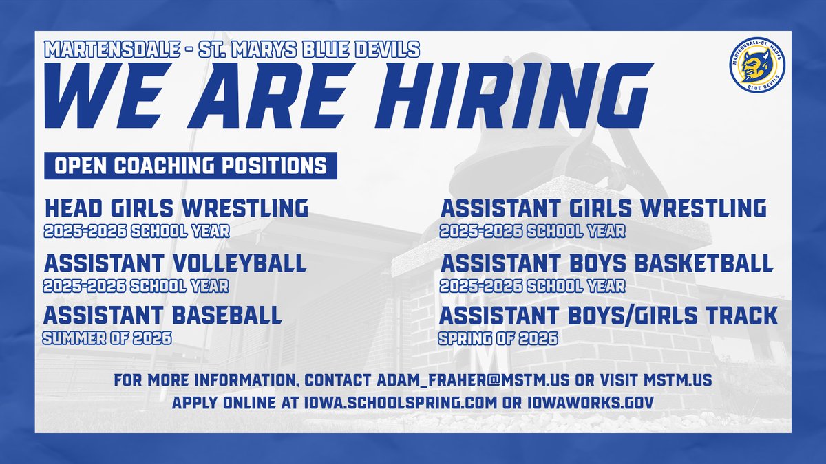 MSTMSupt's tweet photo. 𝙒𝙀'𝙍𝙀 𝙃𝙄𝙍𝙄𝙉𝙂!!

Martensdale - St. Marys is looking for passionate coaches to join our team for the 2025-26 school year!

Apply today  https://t.co/Cj0p8GWOms or https://t.co/wtQrxMmW9S.  

🔗: https://t.co/Piqz0YXTFv

#GoBlueDevils https://t.co/6jGDwHWrML