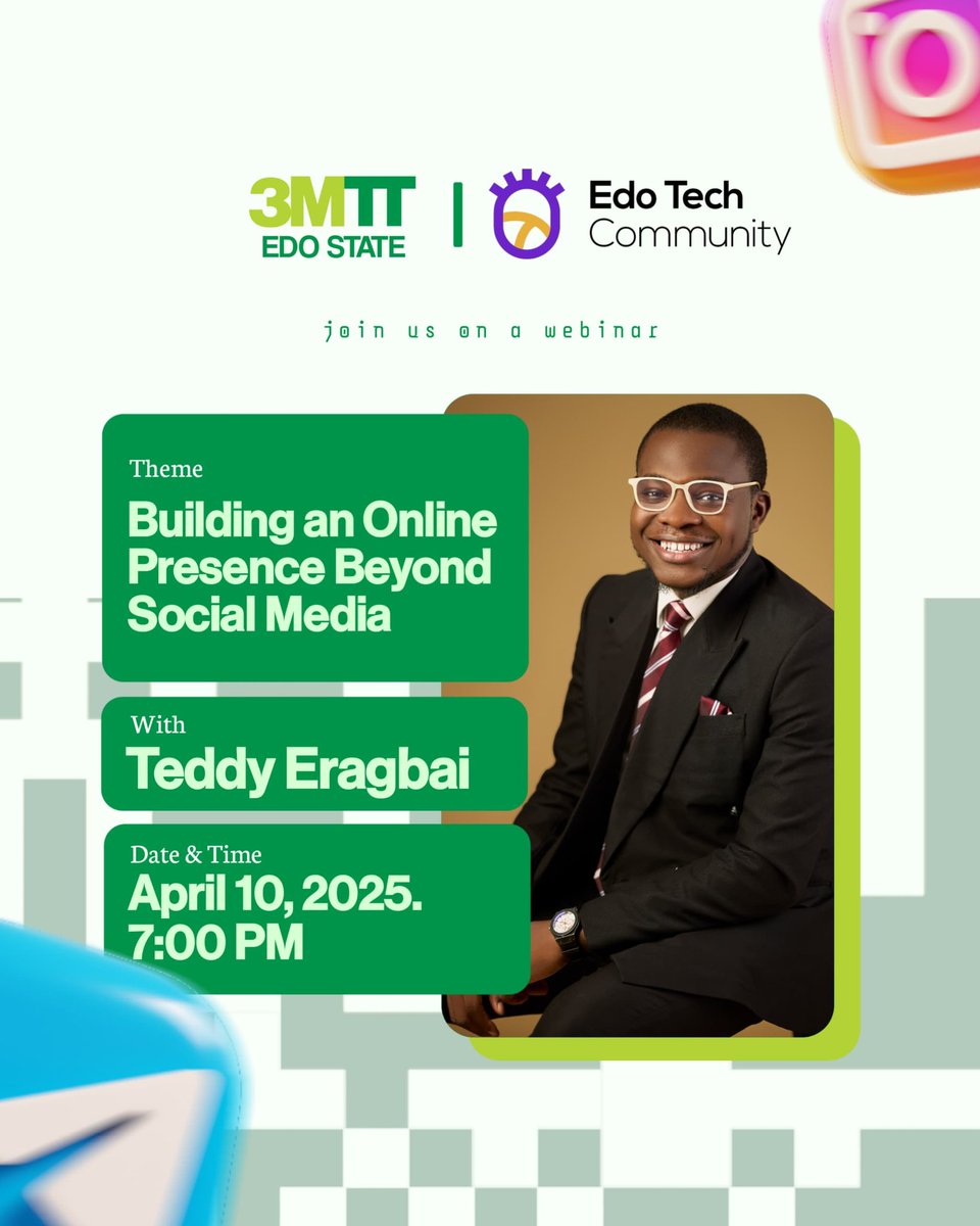 How do you build a strong online presence beyond social media?
This Thursday, we're joining the <a href="/3MTTNigeria/">3MTT Nigeria</a> community for a practical conversation and one of our own from the Edo Tech Community, <a href="/TeddyEragbai/">Teddy Ofure Eragbai</a> will be sharing real, relatable insight.

April 10, 2025 | 7:00 PM WAT