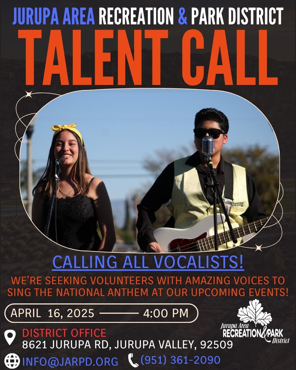 JARPD1984's tweet photo. The Jurupa Area Recreation &amp; Park District is seeking volunteers to sing the national anthem. If you’re interested or know someone who is, let us know below! #jarpd4fun #jurupavalley https://t.co/m8WwMNgqd4