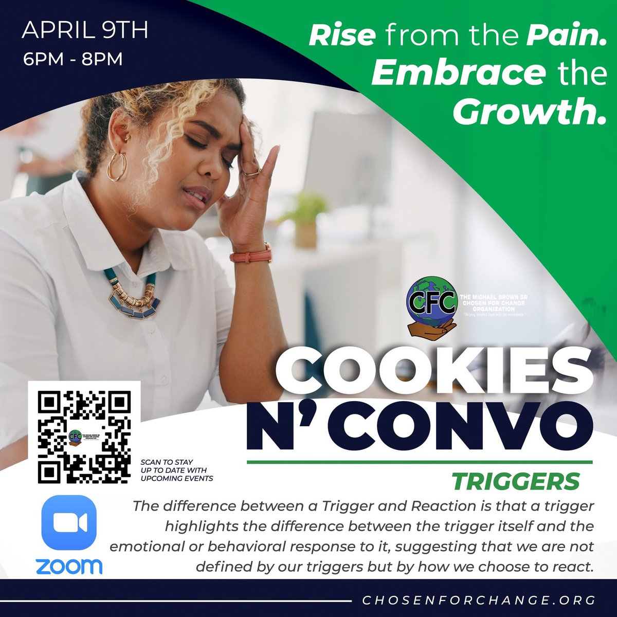 MBSrOrg's tweet photo. Be part of our uplifting conversation tomorrow, April 9th, 2025, on Zoom, where we’ll share strategies for overcoming triggers and rising above adversity. Click the link below. 

Click The Link: https://t.co/uu5vbLJKjY  

#CookiesNConvo  #Triggers
#TogetherWeAreChosenForChange https://t.co/ZFuqc4NPZB