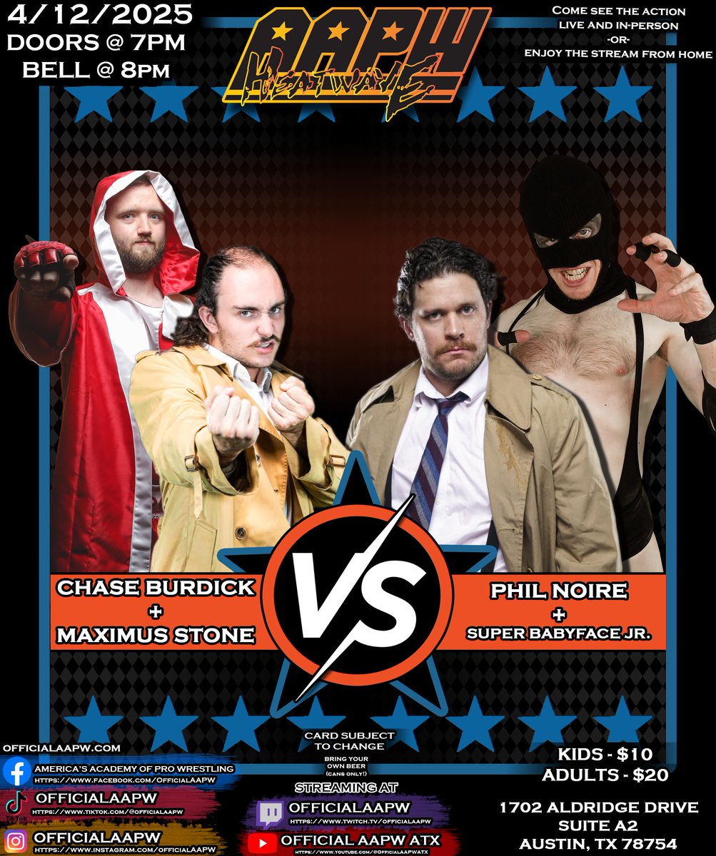 The politics of POUND TOWN have gotten even more confusing...
NOW THEY SETTLE IT IN THE RING!!

Saturday, April 12th @ 8PM
BYOB (Cans Only, Coolers Welcomed)
1702 Aldridge Drive, Austin TX 78754
#AAPW #Wrestling #ProWrestling #ATX