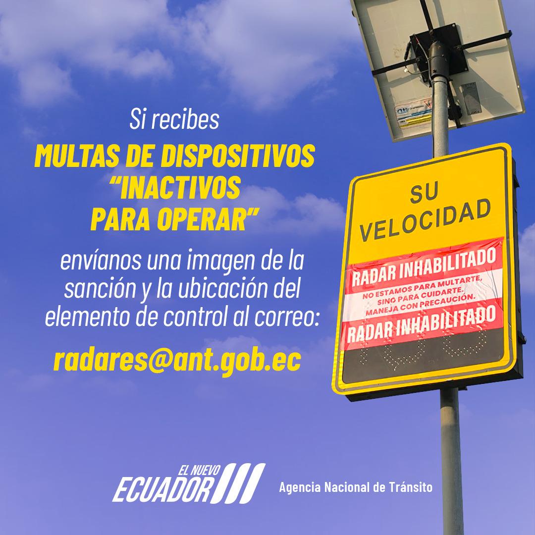 Recuerda que el 100 % de radares del país están inhabilitados hasta que los GAD presenten los Certificados de Calibración. Actualmente, las multas no tienen validez.

Si recibes multas, denuncia al correo: radares@ant.gob.ec 

#ANTEnAcción
#ElNuevoEcuador