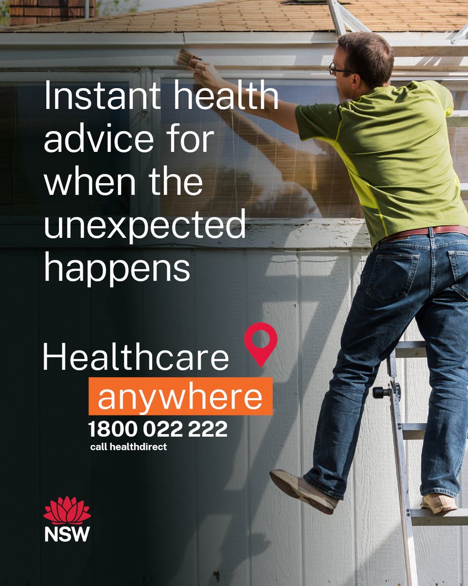 Unwelll and not sure where to go? You can call healthdirect on 1800 022 222 and get the help you need. healthdirect is free and available 24 hours a day, 7 days a week.

Learn more: health.nsw.gov.au/anywhere  

Symptom checker: healthdirect.gov.au/symptom-checker
