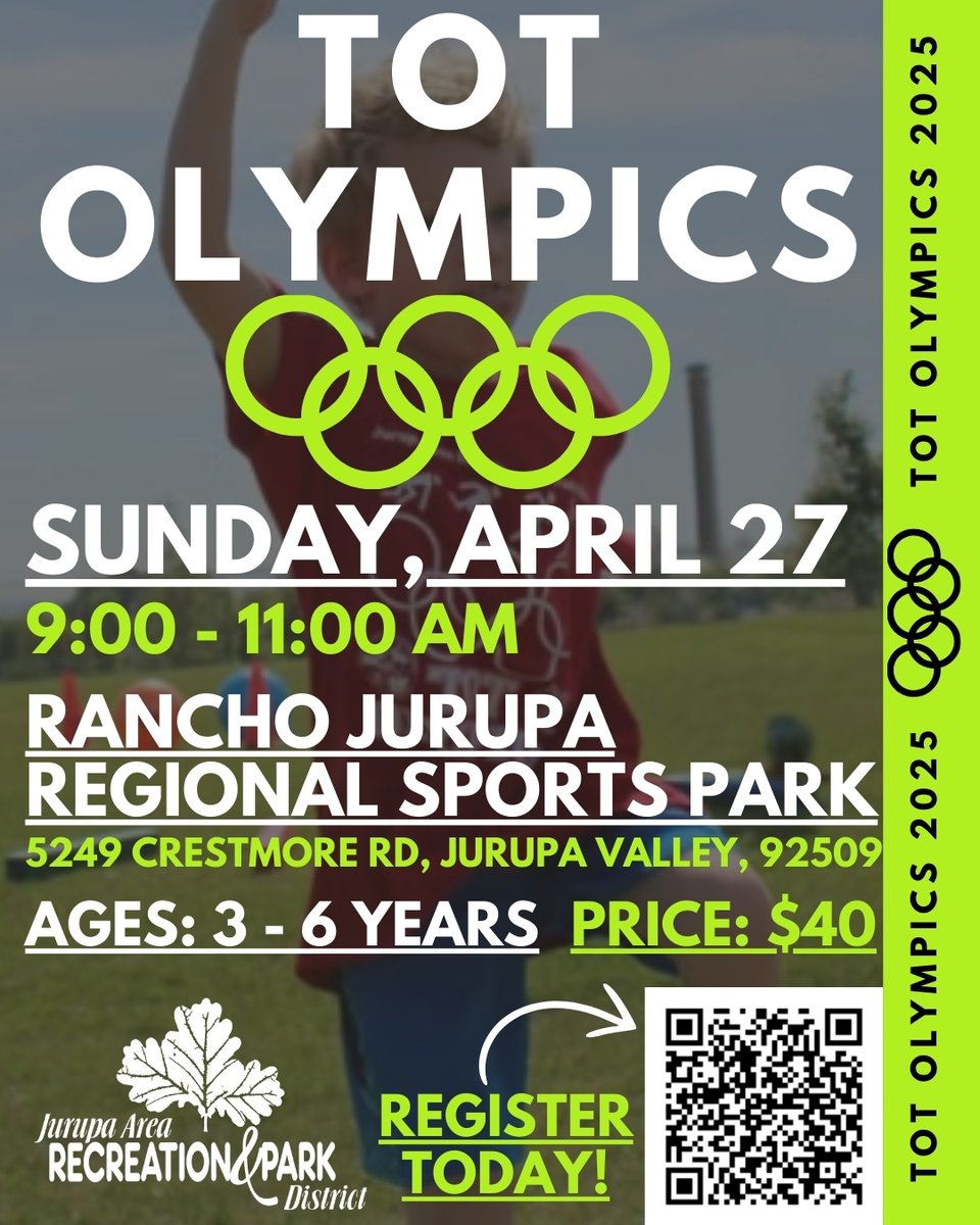 JARPD1984's tweet photo. Get your kids ready for Tot Olympics at the Rancho Jurupa Regional Sports Park (5249 Crestmore Rd, Jurupa Valley, 92509) on April 27 from 9:00 - 11:00 AM. Where kids ages 3-6 , dash, throw, and bounce their way to fun! Commemorative T-Shirts included with registration! #jarpd4fun https://t.co/OzOQuJNEDY