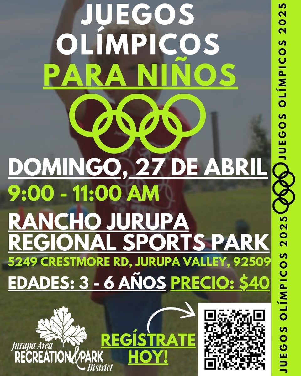 JARPD1984's tweet photo. Get your kids ready for Tot Olympics at the Rancho Jurupa Regional Sports Park (5249 Crestmore Rd, Jurupa Valley, 92509) on April 27 from 9:00 - 11:00 AM. Where kids ages 3-6 , dash, throw, and bounce their way to fun! Commemorative T-Shirts included with registration! #jarpd4fun https://t.co/OzOQuJNEDY