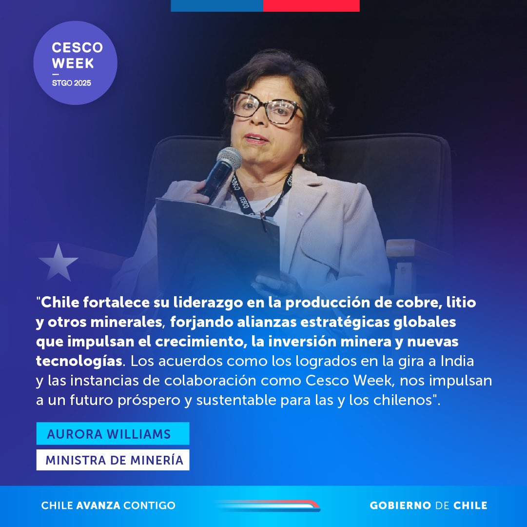 GobiernodeChile's tweet photo. 🇨🇱 Buenas noticias para la minería chilena. Concretamos un importante acuerdo entre Codelco y la estatal india Hindustan Copper Limited, para impulsar la explotación de minerales. Así lo destacó la ministra de @MinMineria_cl, Aurora Williams, en #CESCOWeek2025. https://t.co/qecCeefyi2