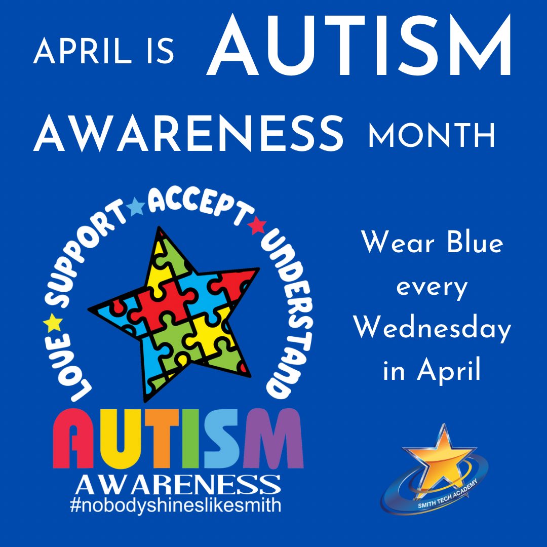 Smith_stars's tweet photo. Don’t Forget! Tomorrow is Wednesday, and we’re wearing BLUE for Autism Awareness Month!  Let’s turn Smith School into a sea of blue as we show our love, support, and understanding.
Let’s shine bright—because nobody shines like Smith!
#AutismAwareness
#NobodyShinesLikeSmith #cjusd https://t.co/Hh59RLhXVG