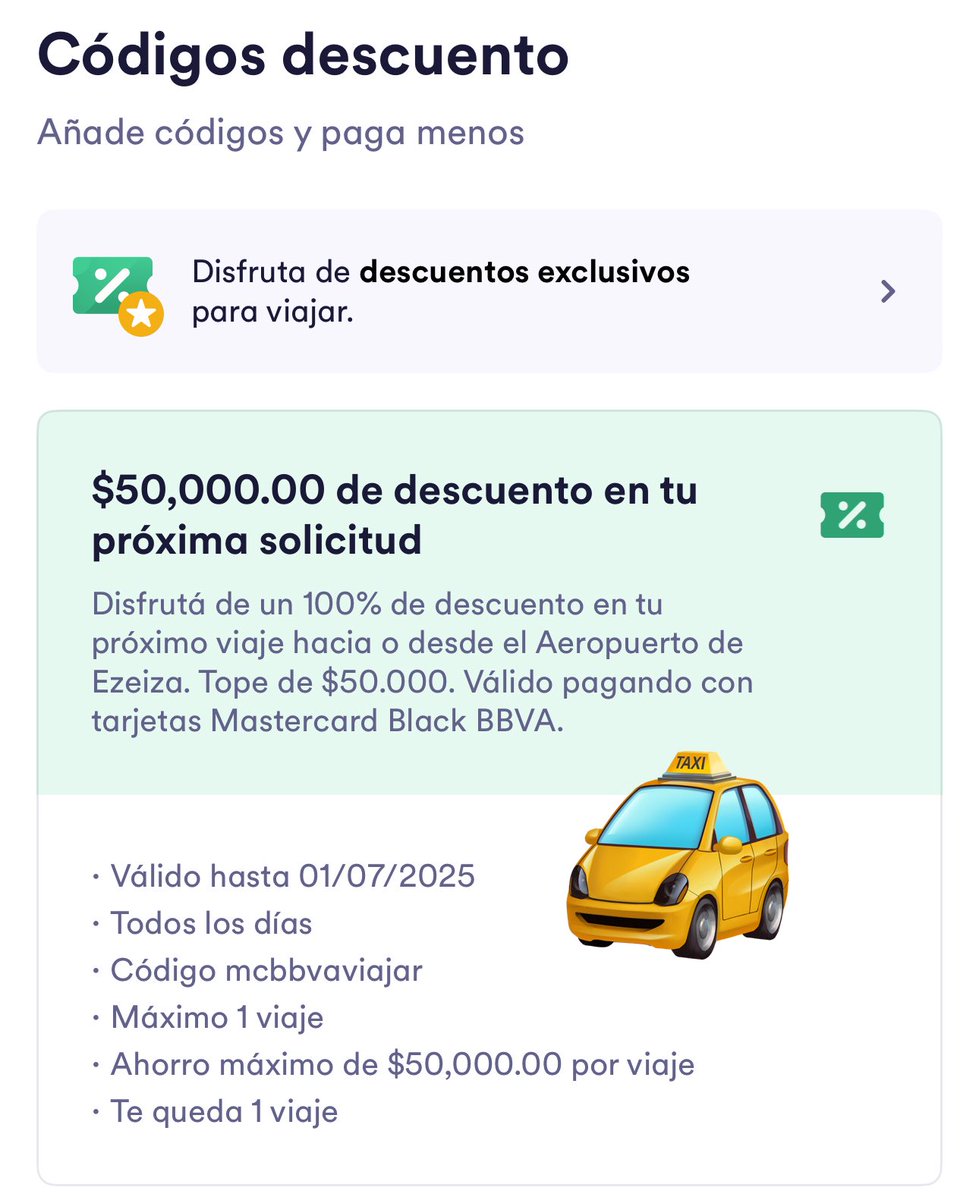 vmenditto's tweet photo. 🚕 VOLVIOOOOOOOOOOOOOO

DALE APURAAAAAAA

Código MCBBVAVIAJAR

👉🏼CABIFY “gratis” hacia EZEIZA o DESDE Ezeiza 
👉🏼$50000 de regalo 
👉🏼Pagas con Mástercard BBVA BLACK 
👉🏼1 viaje por cuenta de Cabify 
( te pido astucia si sos seguidor mío 😉)
👉🏼HASTA 1/7

Si queres BBVA ya sabes 👍 https://t.co/BaQN1zXwpw