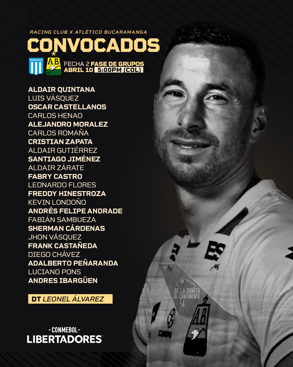 ABucaramanga's tweet photo. ✍🏻Los convocados por Leonel Álvarez para enfrentar a Racing en Argentina por la fecha 2 de la @Libertadores ⚽

#DeLaBonitaAlContinente https://t.co/MmKp8s0KsS