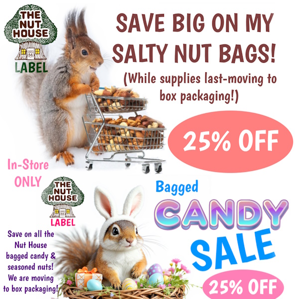 66Nuts's tweet image. We're making the switch to boxed packaging! That means big savings for our local fans — enjoy 25% off all remaining Nut House bagged seasoned nuts and candy while supplies last. Grab some for Easter weekend! Stop by in-store soon for the best selection. #candysale #66nuts