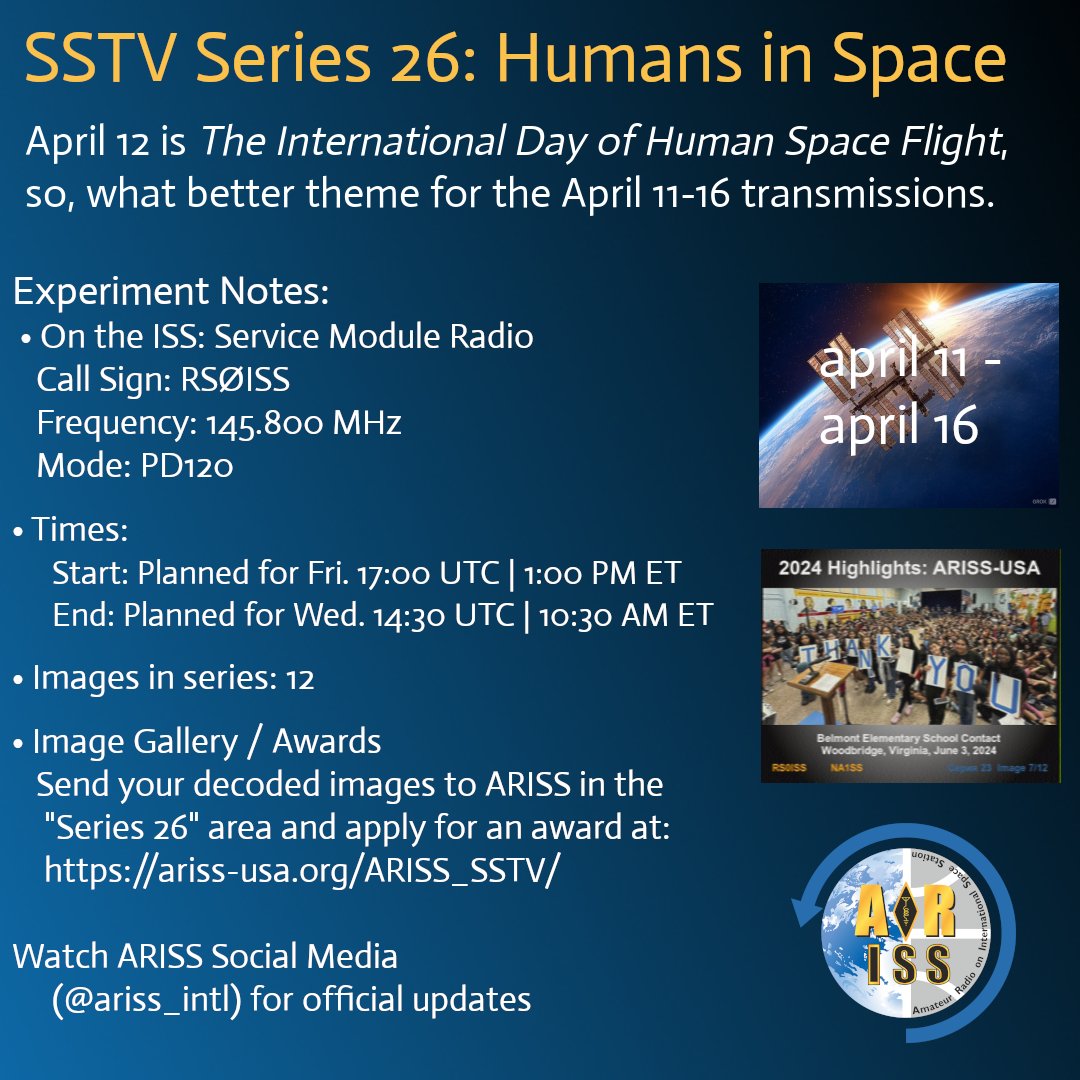This Saturday is the International Day of Human Space Flight, so we've called our ham radio SSTV event, "Humans in Space."

Start listening for transmissions on Friday 11-April around 17:00 UTC | 1:00 PM ET on 145.800 MHz.