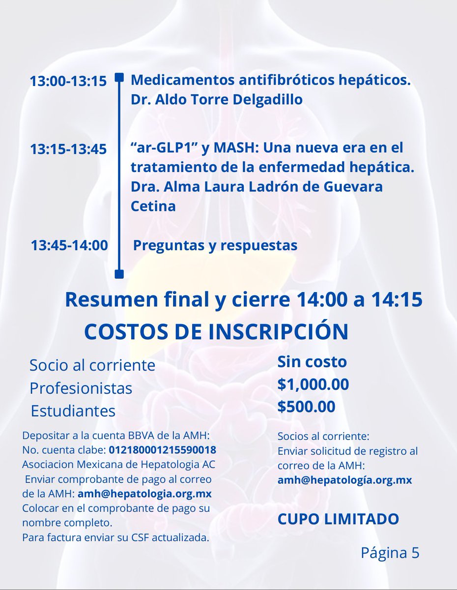 AMH (@amhmx) on Twitter photo La AMH se suma a la conmemoración del Día mundial del hígado 2025.
No te pierdas este evento.
🗓️Miércoles 30 de abril.
⏰8:30 horas.
📍Hotel Genevé, CDMX.
No faltes!
Inscripciones y más información:
amh@hepatologia.org.mx La AMH se suma a la conmemoración del Día mundial del hígado 2025.
No te pierdas este evento.
🗓️Miércoles 30 de abril.
⏰8:30 horas.
📍Hotel Genevé, CDMX.
No faltes!
Inscripciones y más información:
amh@hepatologia.org.mx