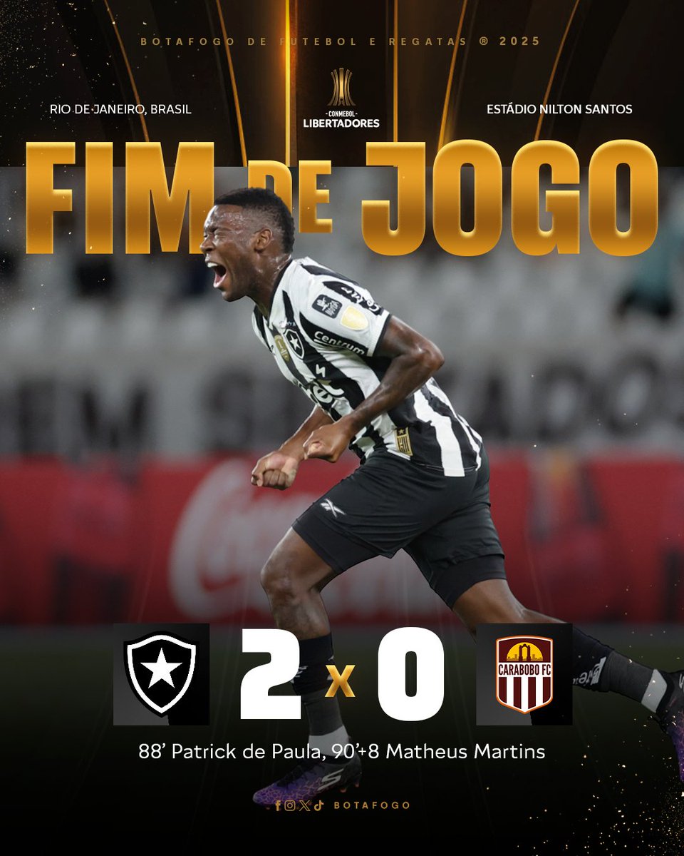 Botafogo's tweet photo. VITÓRIA DO ATUAL CAMPEÃO DA LIBERTADORES! 🔥🌟

Com apoio da torcida e muita luta até o final, Fogão vence o Carabobo por 2 a 0. Os gols foram marcados por PK e Matheus Martins! #VamosBOTAFOGO https://t.co/b2bVjGKKFc