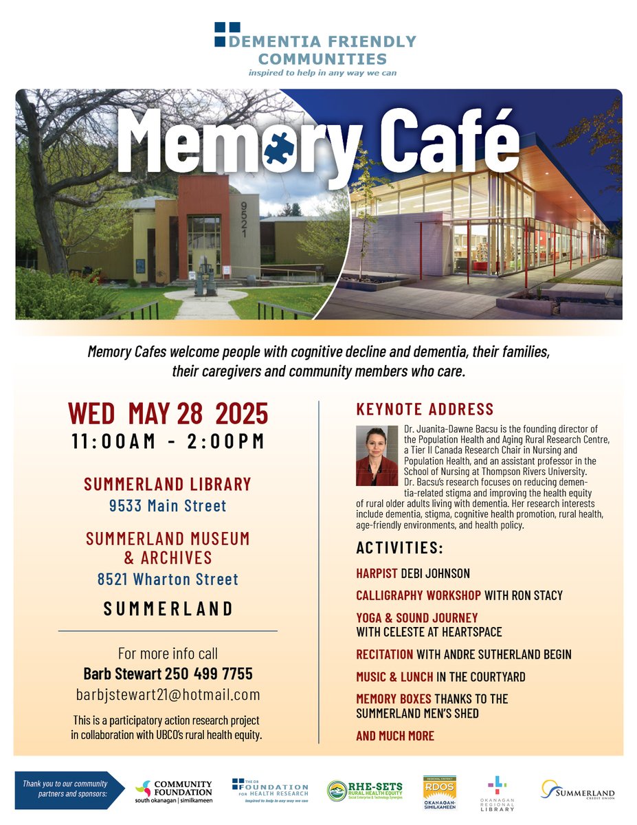 🎉Exciting news! I’ve been invited to give the keynote at the Memory Cafe Workshop in Summerland on May 28th!✨ If you're in the area, plan to attend!🗓️ Thanks to the community partners🙏! #Dementia #Workshop #BreaktheStigma