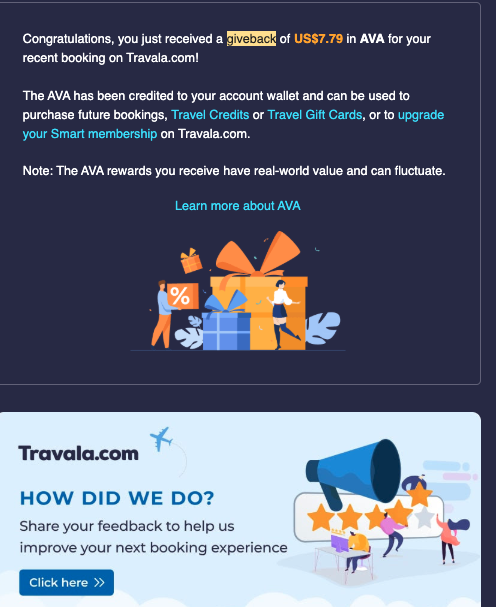 JTrinh0605's tweet photo. Booked with #Crypto and received giveback in #CryptoGivebacks on @travalacom
Nice way to accumulate $AVA to upgrade Smart membership https://t.co/CewTbqIKZ2