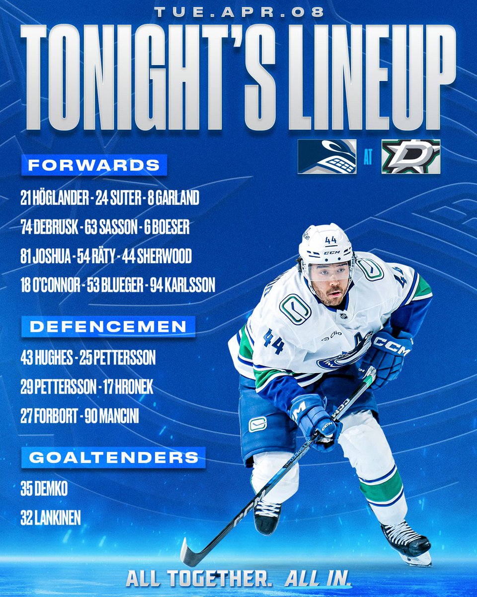 Canucks's tweet photo. Tonight's team against the Stars.

📺 Sportsnet Pacific
📻 Sportsnet 650 https://t.co/ZmKGmjpd7F