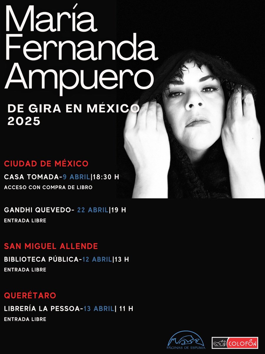 colofonlibros's tweet photo. ¡ATENCIÓN MÉXICO!🇲🇽 María Fernanda Ampuero estará de gira, no te pierdas la oportunidad de acompañarla. 
Por acá te dejamos toda la información 👇🏼 @paginasdeespuma https://t.co/DHozpiK29B