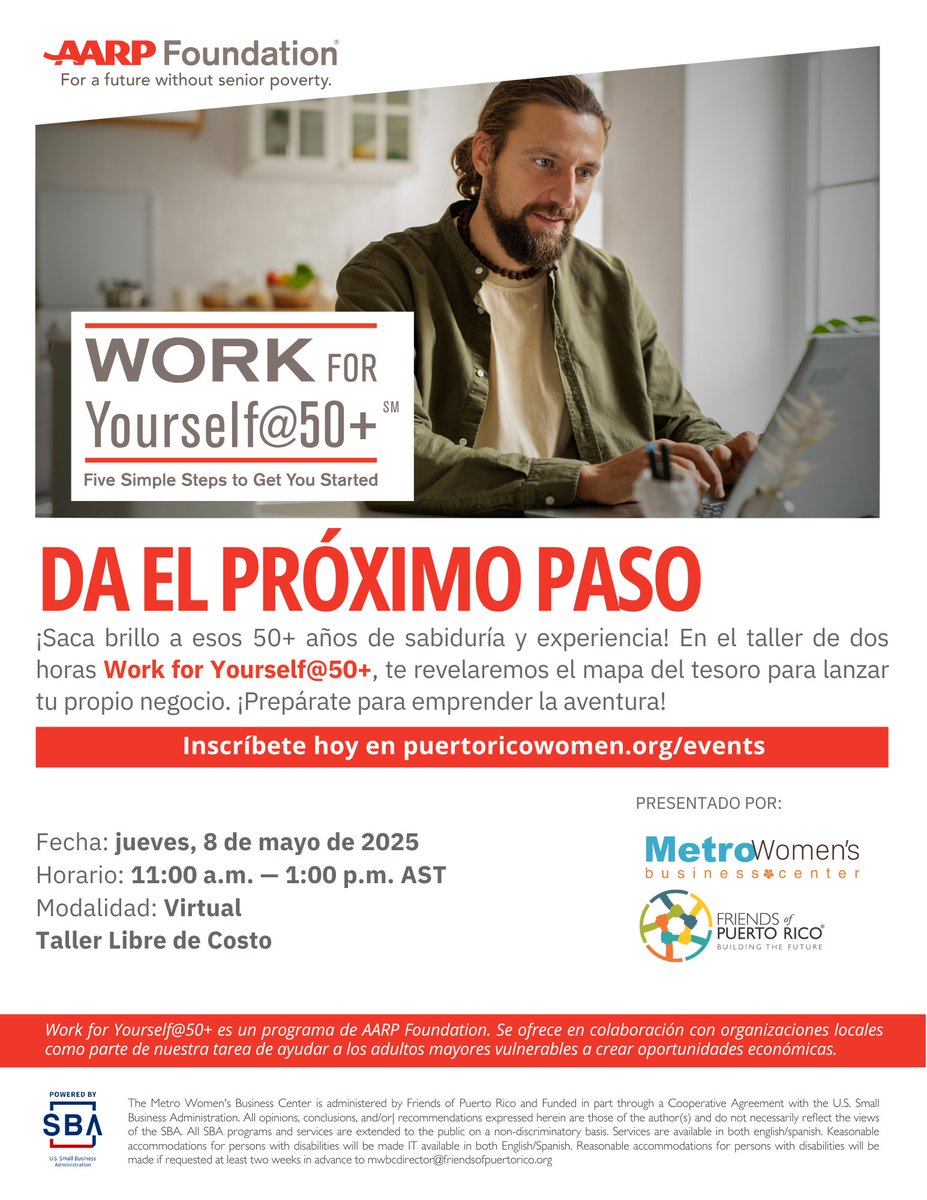 MWBCPR's tweet image. ¡Emprende a los 50+ y cambia tu futuro! 
Únete al evento online gratuito "Work For Yourself@50+" y aprende a iniciar tu negocio con éxito:

✅Oportunidades y desafíos de emprender a cualquier edad
✅ Cómo minimizar riesgos y maximizar el éxito
 🔗 puertoricowomen.org/events/