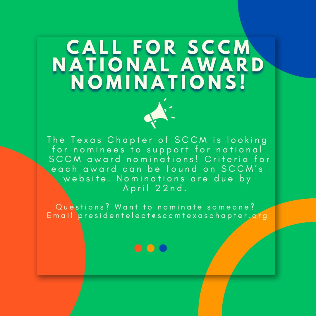 SCCM Texas Chapter (@sccmtxchapter) on Twitter photo Nominate your colleagues! 🤩
📧 Email presidentelect@scccmtexaschapter.org:
☑️Nominee’s full title
☑️Nominee’s email
☑️Name of award
☑️Brief statement of support
☑️If not self nominating, whether you would be willing to write a formal letter of support for the nomination Nominate your colleagues! 🤩
📧 Email presidentelect@scccmtexaschapter.org:
☑️Nominee’s full title
☑️Nominee’s email
☑️Name of award
☑️Brief statement of support
☑️If not self nominating, whether you would be willing to write a formal letter of support for the nomination