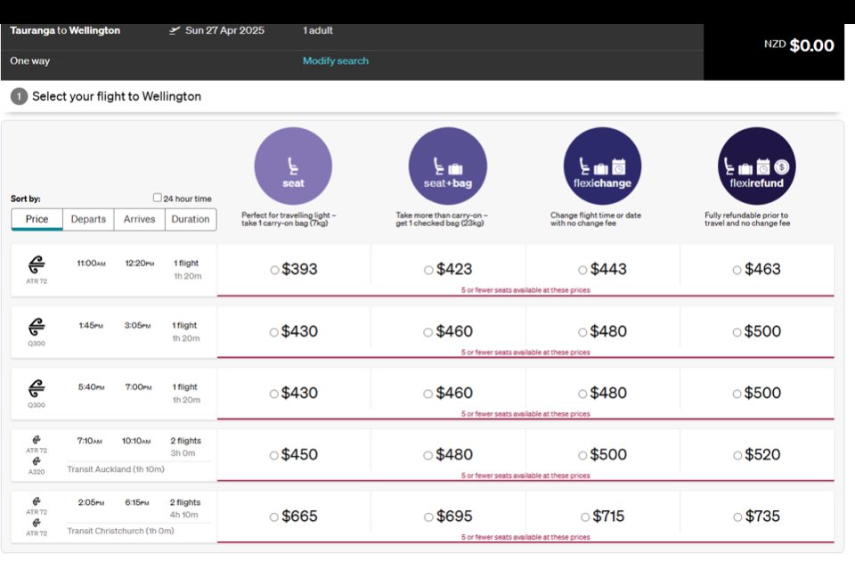 ScottJKoster's tweet photo. @FlyAirNZ Can you please rationalise the exorbitant prices for a one way flight from Tauranga to Wellington $393-$735 when Jetstar offers $49 from Auckland to Wellington. It appears as the sole carrier for the route you are holding Kiwis hostage. @NZComCom @chrisluxonmp @NZStuff https://t.co/Vfaf6QXrwH
