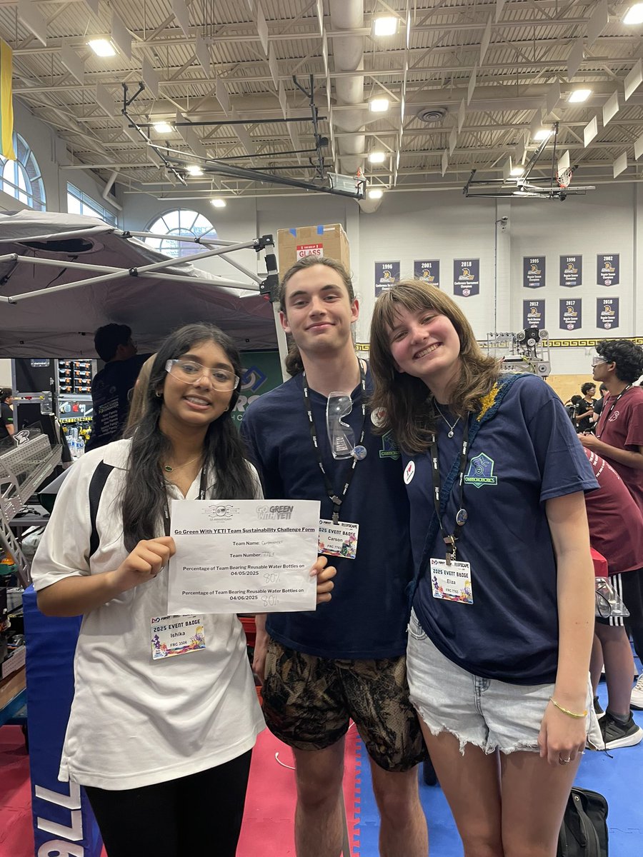 Congratulations to the Omegabytes for winning our Go Green with YETI Sustainability Challenge at the FIRST North Carolina District Championship Event this past weekend!
Honorable mentions to the Wired Wizards and Carrborobotics for their high reusable water bottle percentages!