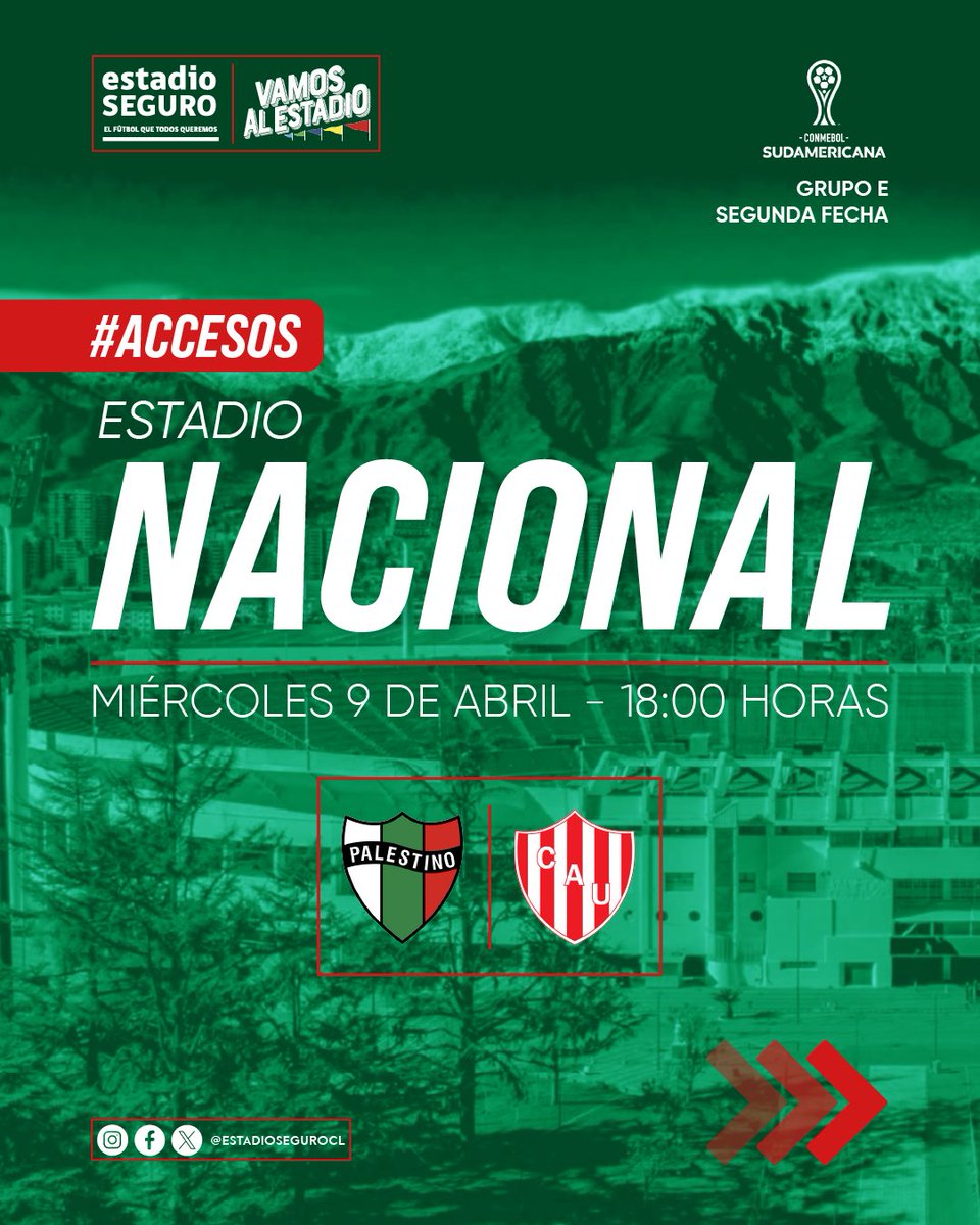 EstadioSeguroCL's tweet photo. 🇵🇸 ¡@CDPalestinoSADP es local este miércoles por la Copa @Sudamericana!

Los árabes reciben a Unión de Santa Fe por la segunda fecha de la fase de grupos y esta es la información de accesos para una nueva jornada de fútbol internacional en el Estadio Nacional. 

No olvides tu cédula de identidad 🪪😇