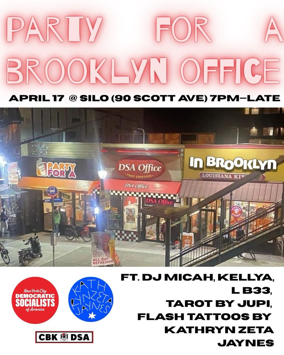Grab your early bird tickets for just $20! Party to get a Brooklyn office and community space! SILO next Thurs 4/17  bit.ly/bkofficeparty

🎧 DJs Kellya, Micah U,  L B33

🖋️ Kathryn Jaynes socialist FLASH TATTOOS

🧶 Make some DIY radical buttons!

🔮Jupi giving tarot readings