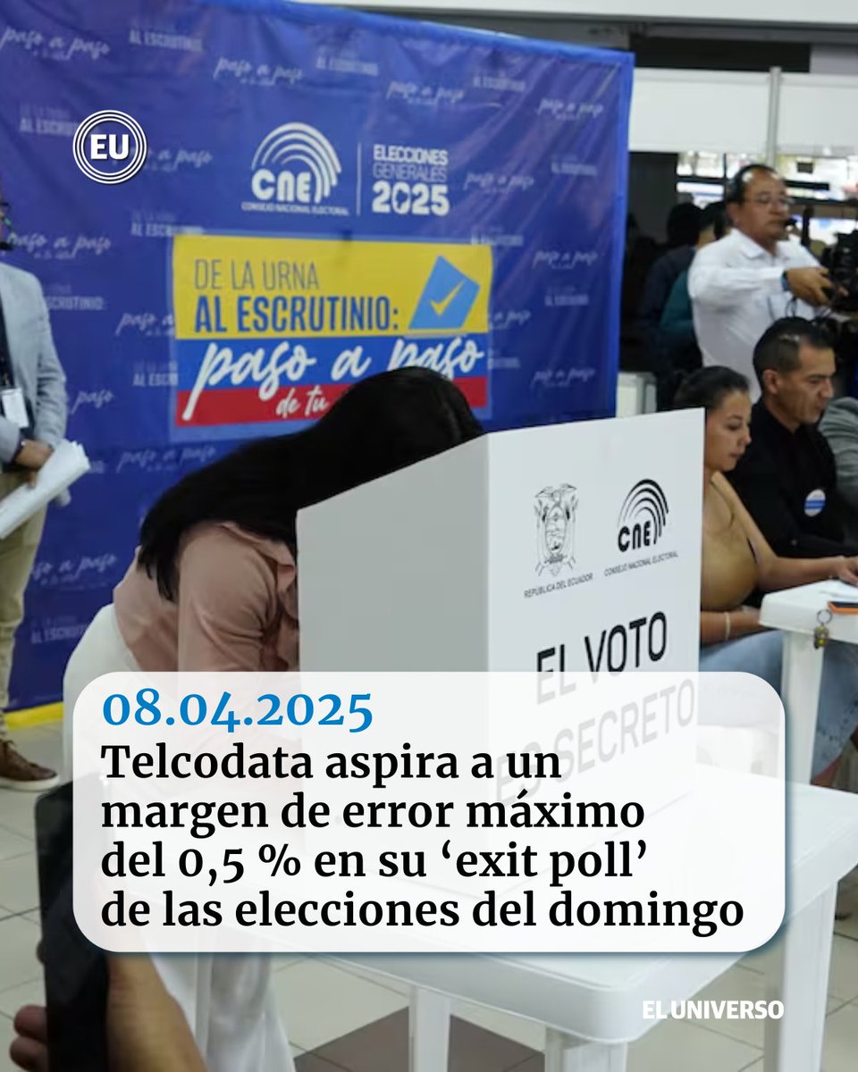 eluniversocom's tweet image. #Telcodata aspira a un margen de error máximo del 0,5 % en su exit poll de las elecciones del domingo ow.ly/qwQH50Vx1Xs