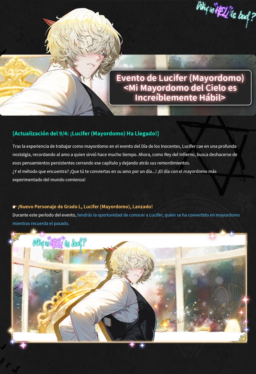 Prettybusy_KR's tweet photo. 😈Lucifer (Butler) Event
<My Butler From Heaven is Incredibly Skilled>🫖

😈Evento de Lucifer (Mayordomo)
<Mi Mayordomo del Cielo es Increíblemente Hábil>🫖

#Whatinhellisbad? #WHB https://t.co/9Ls6EMLjlT