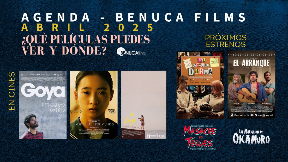 BenucaFilms's tweet image. Nuestro estreno #Goya, de @PablOrta, inicia este jueves su 2ª semana en cines. Además, continúan en exhibición #DesdeElFinDelMundo y la ópera prima de @rafafams, #UnLago

Próximamente #ElEfectoDarma, #ElArranque y las películas de género #MasacreEnTeques y #LaMaldiciónDeOkamuro