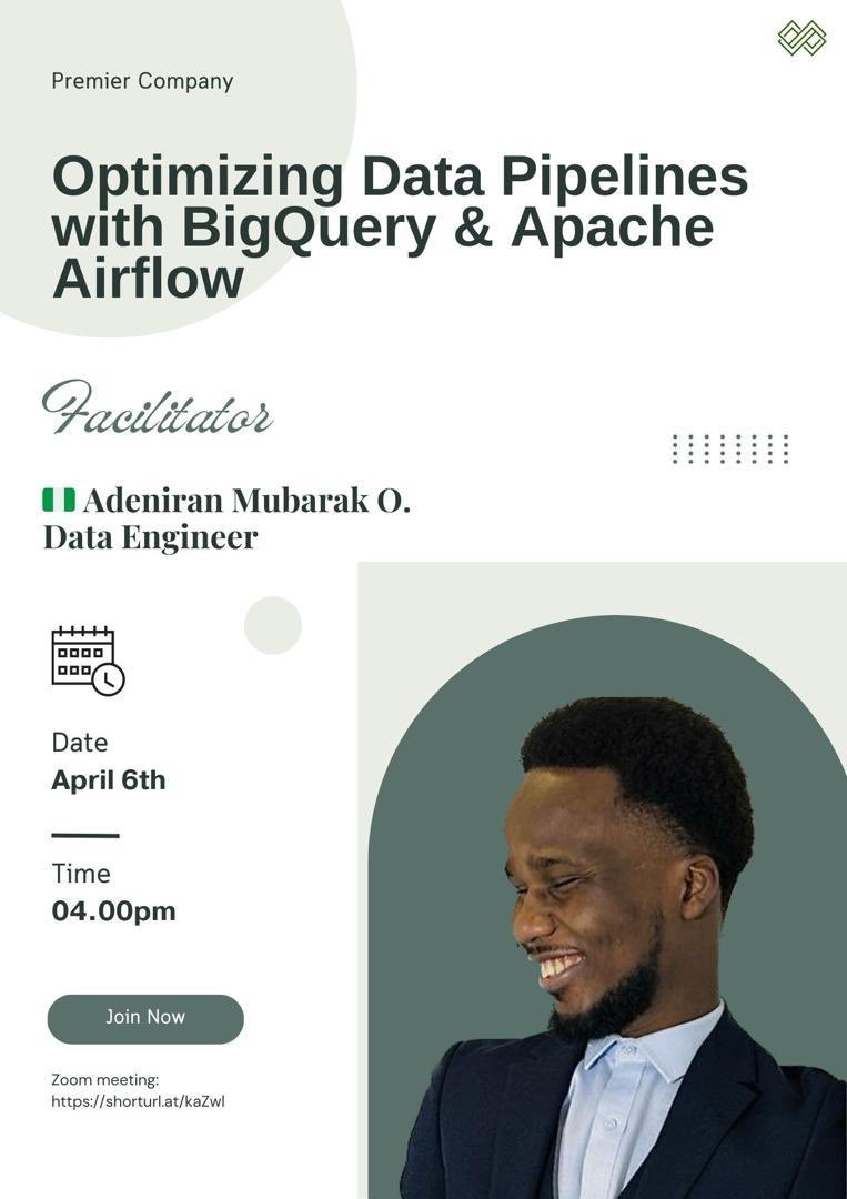 YDEN_ng's tweet photo. Join me on April 10th for a live session on:
Optimizing Data Pipelines with BigQuery &amp; Apache Airflow

I’ll share practical insights on automating and scaling modern data workflows using industry tools.
⏰ 4PM WAT
🔗 Zoom: https://t.co/5R80KAES3i https://t.co/FjGjelnD6M