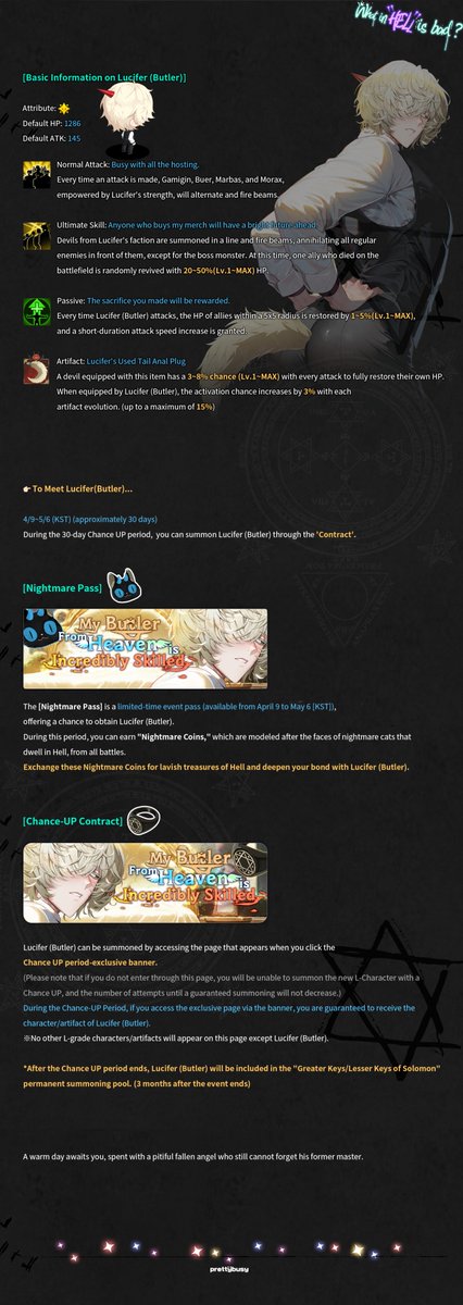 Prettybusy_KR's tweet photo. 😈Lucifer (Butler) Event
<My Butler From Heaven is Incredibly Skilled>🫖

😈Evento de Lucifer (Mayordomo)
<Mi Mayordomo del Cielo es Increíblemente Hábil>🫖

#Whatinhellisbad? #WHB https://t.co/9Ls6EMLjlT