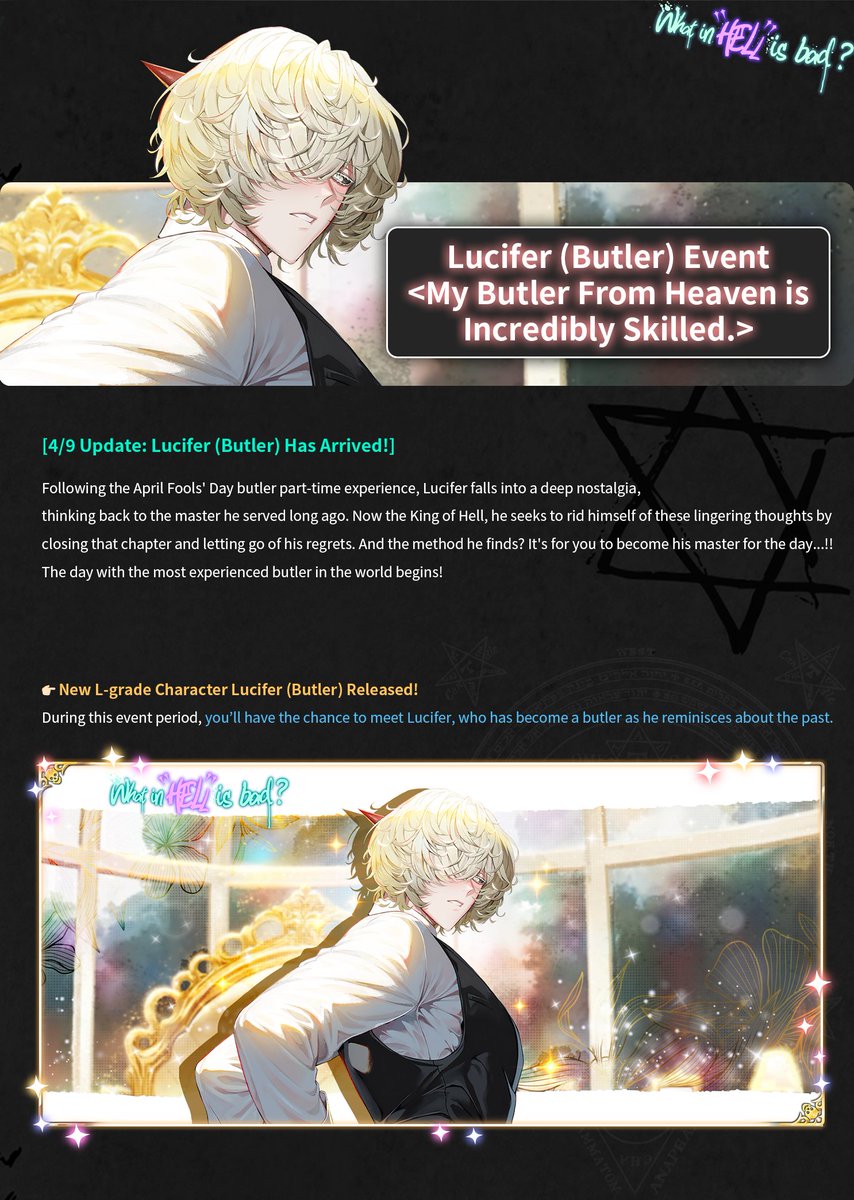 Prettybusy_KR's tweet photo. 😈Lucifer (Butler) Event
<My Butler From Heaven is Incredibly Skilled>🫖

😈Evento de Lucifer (Mayordomo)
<Mi Mayordomo del Cielo es Increíblemente Hábil>🫖

#Whatinhellisbad? #WHB https://t.co/9Ls6EMLjlT