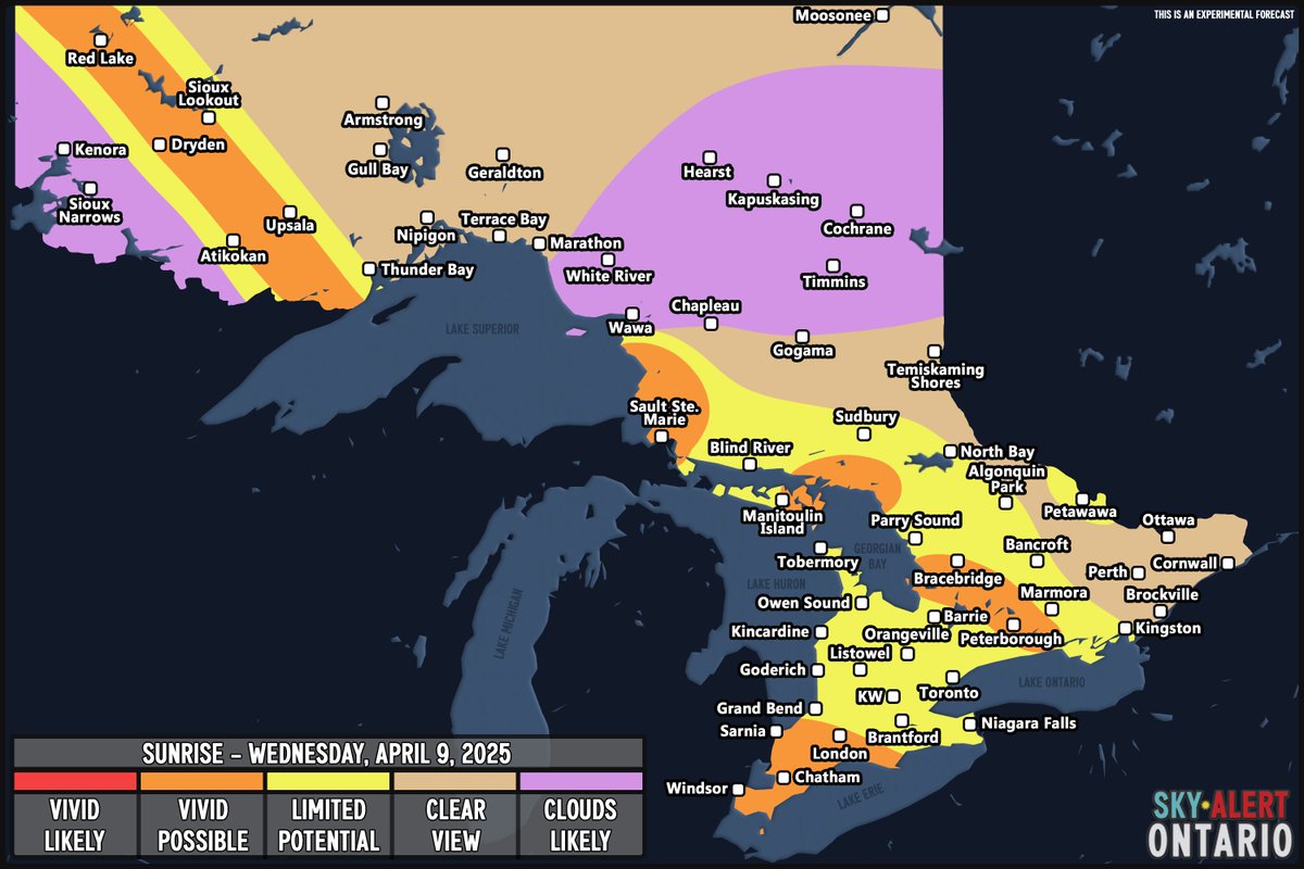 SkyAlertOntario's tweet photo. SUNRISE FORECAST | April 9, 2025 

This forecast is designed for photographers. Follow Sky Alert Ontario on Facebook for detailed forecasts! 

#sunriseforecast #sunsetforecast #skywacther #sunriselovers #sunsetlovers #landscapephotography #ontariophotography #weatherforecast https://t.co/ZZh69MWkch