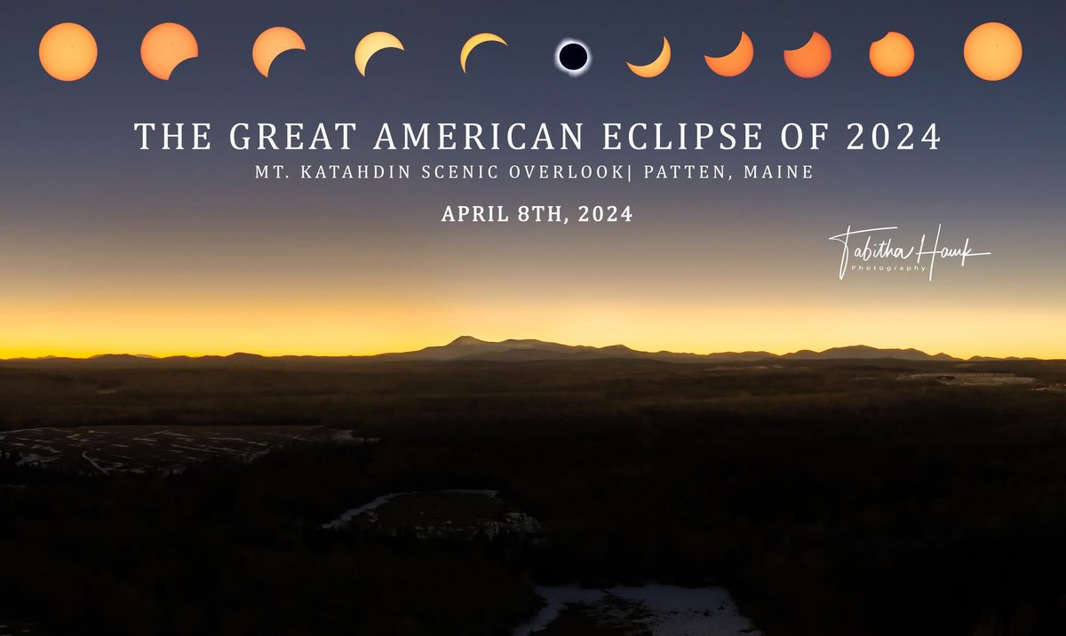 tabithahawk's tweet image. A year ago today was the solar eclipse, here is a composite of Eclipse images with a drone photo I took from the Mt. Katahdin Scenic Overlook. 

Mt. Katahdin is the northern end of the Appalachian Trail and the tallest mountain in Maine.