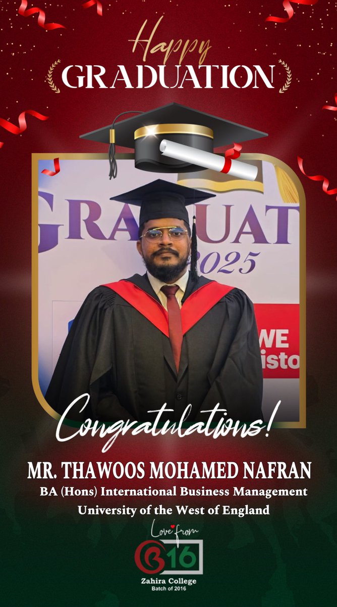 zccb16official's tweet photo. Milestones of Excellence ๐
MR. MOHAMED NAFRAN
BA (Hons) International Business Management - University of the West of England
Congratulations on your completion of the degree ๐๐ป
#B16Achievers #MilestonesOfExcellence #Graduates #Zealous #ZealToConquer #B16 #Batchof2016 https://t.co/ZR1HJ59coW