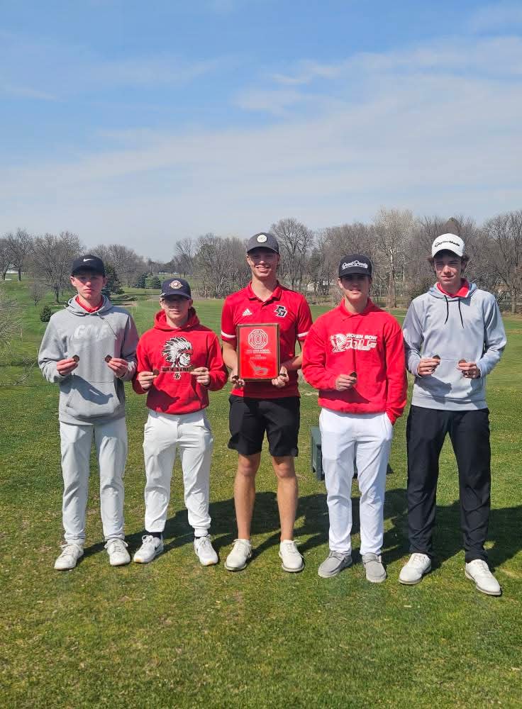 Bbowboysgolf's tweet photo. The varsity boys went to Ord to play in an 18 hole invite today. The team came away with a Championship plaque shooting a 304! Individual medalists were Bowen Ridder with 14th, Jack White with 11th, Adrian Gibbons with 5th and Austin Fox with 2nd. It was a great day! https://t.co/EMv07sPPRt