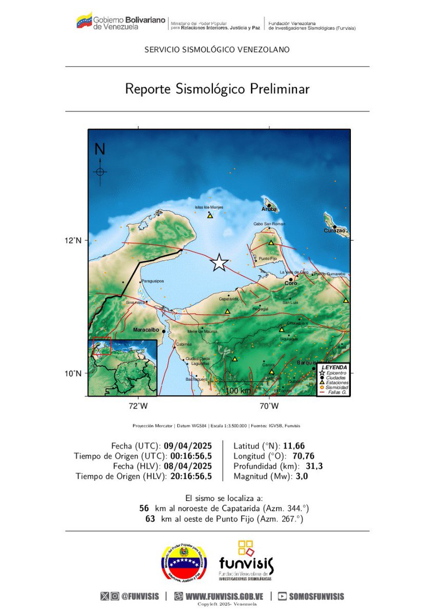 SomosFunvisis's tweet photo. FUNVISIS 
Sismo 
08/04/2025 20:16
Mag (Mw): 3.0
Prof: 31.3 km
Epicentro: 11.657 N -70.763 O
56 km al noroeste de Capatarida

#Sismo #Capatarida #Temblor #Funvisis #ServicioSismológicoVenezolano https://t.co/QBfNKjuW4c