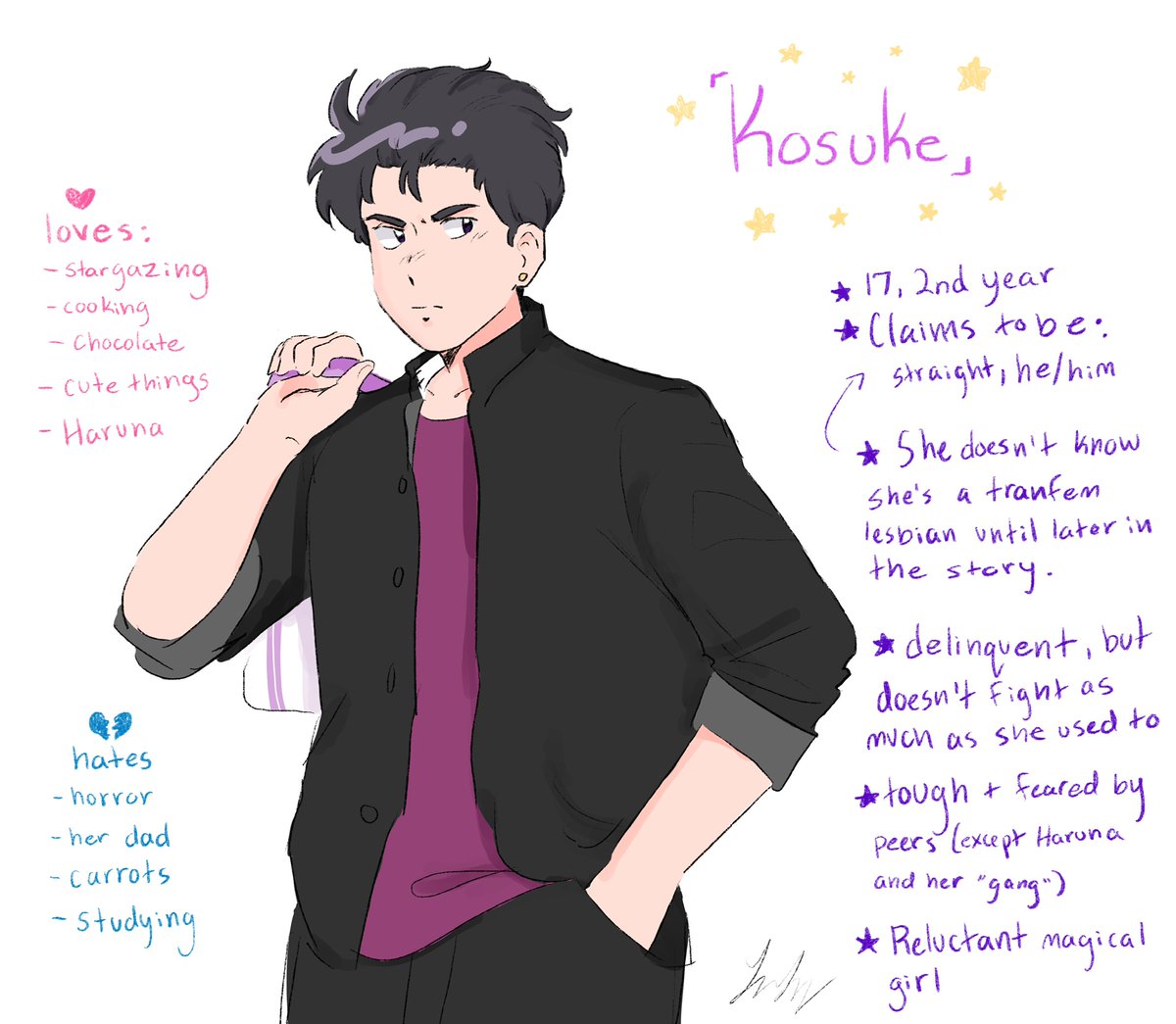 muffinmoonn's tweet photo. redesigned my trans delinquent magical girl oc , made proper intros for the main two charas too. i have more stuff cooking so stay tuned #oc https://t.co/ozTSPhyBaw