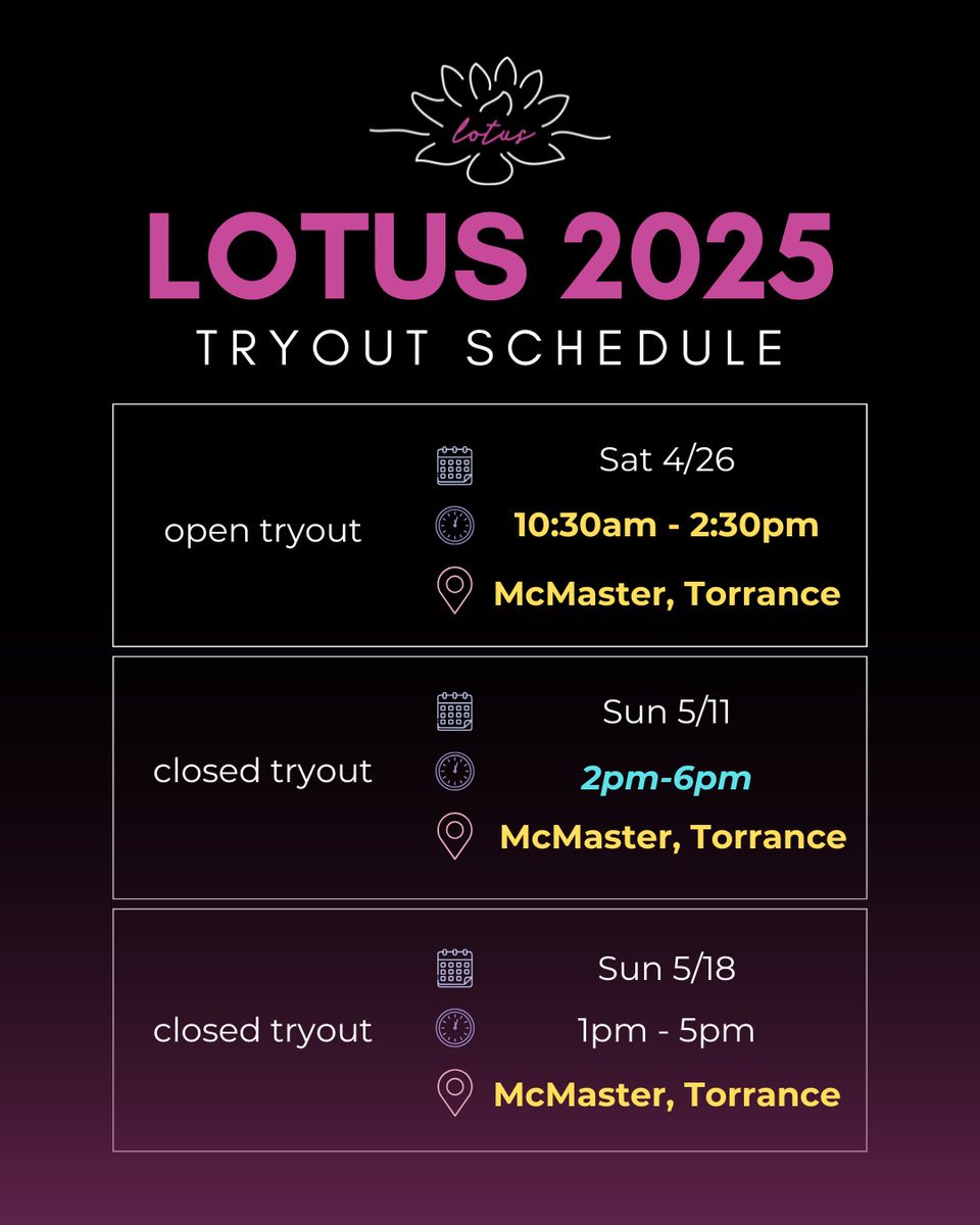 New updates to tryout schedule!

Interest form: forms.gle/oK2JTZ5gp2VmxU…