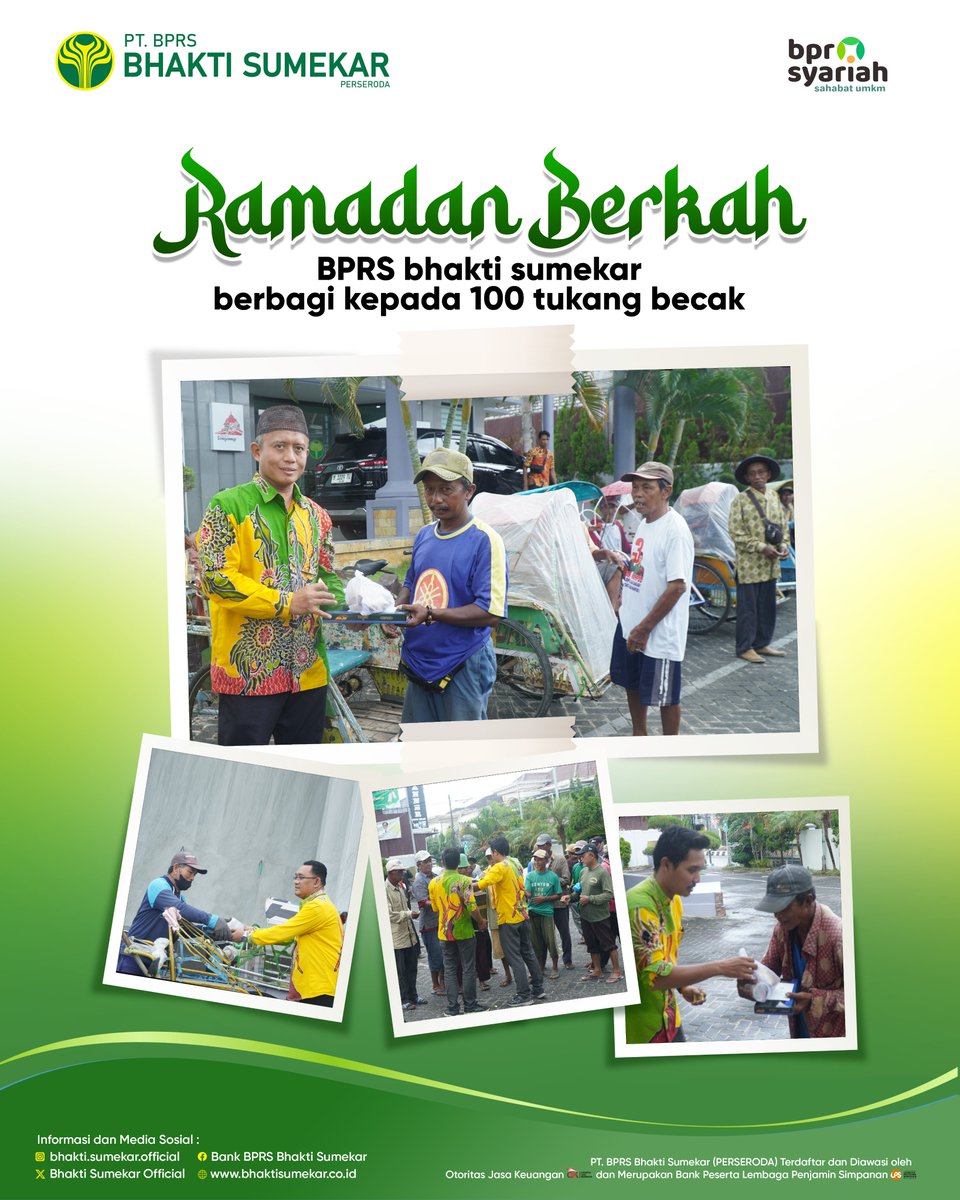SumekarOfficial's tweet photo. Ramadan Berkah
BPRS Bhakti Sumekar berbagi kepada 100 tukang becak

#bhaktisumekar #bprsbhaktisumekar #bprsbs #mitradalambermuamalah #ramadhan1446h #ramadhankareem🌙 #ramadhanberbagi #sumenep https://t.co/1OSlC4T5Qf
