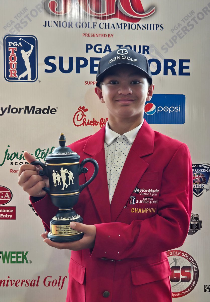 JuniorGolfChamp's tweet photo. Congratulations to Tristan Buenteo from Celina, TX, on capturing the Boys 10-11 at the @taylormadegolf Jr Open Championship earning his 1st Red Jacket! #JGC25 #TMJO25 @thecoursesatwatterscreek https://t.co/y49EHpUkPp