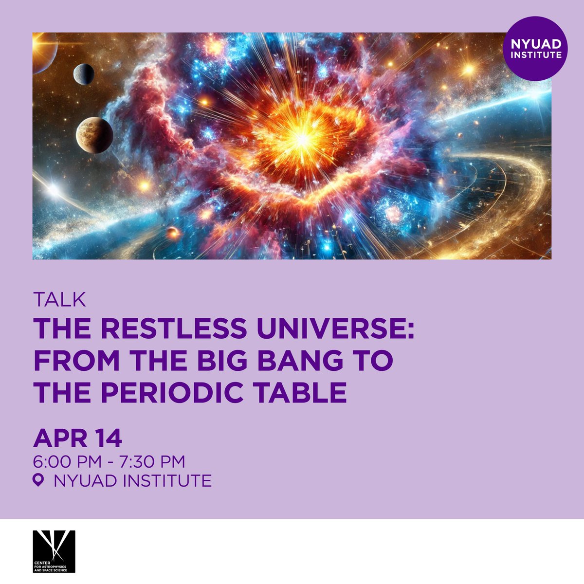 NYUADInstitute's tweet image. From the birth of the Universe to the formation of elements—this talk traces cosmic evolution and the dynamic discoveries of the Zwicky Transient Facility. Supernovae, stellar death, and more.

🔗 RSVP: 
nyuad.my.salesforce-sites.com/Events/NYUEven…

#AstronomyTalk #CosmicEvolution #NYUADInstitute