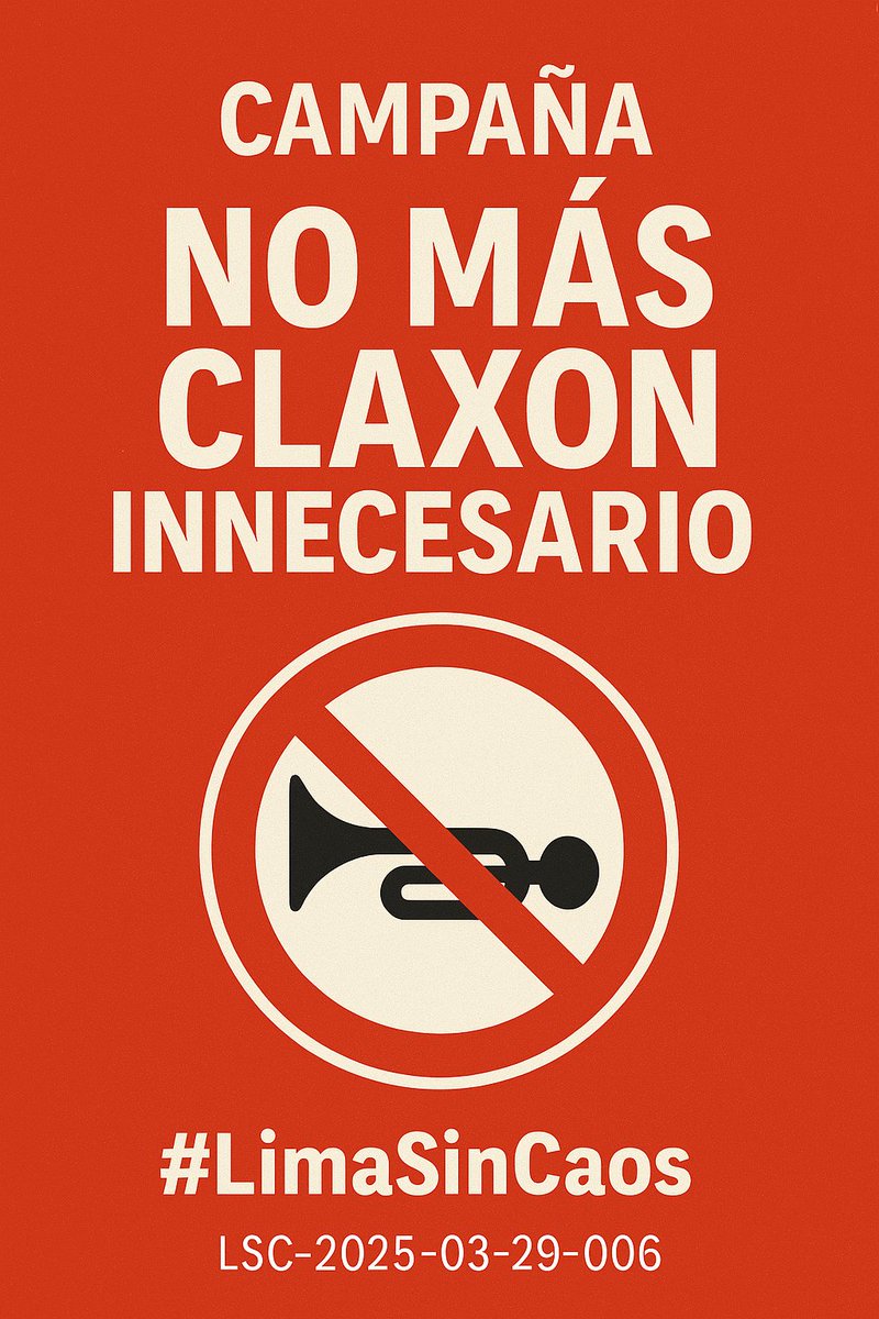 LimaSinCaos's tweet photo. 🔇 ¡Silencio por favor!
El claxon no es válvula de escape ni alarma de frustración.
¡Autoridades, regulen y sancionen el abuso sonoro!

@PoliciaPeru @MTC_GobPeru
#LimaSinCaos #NoAlClaxonInnecesario https://t.co/YClLjCazvt