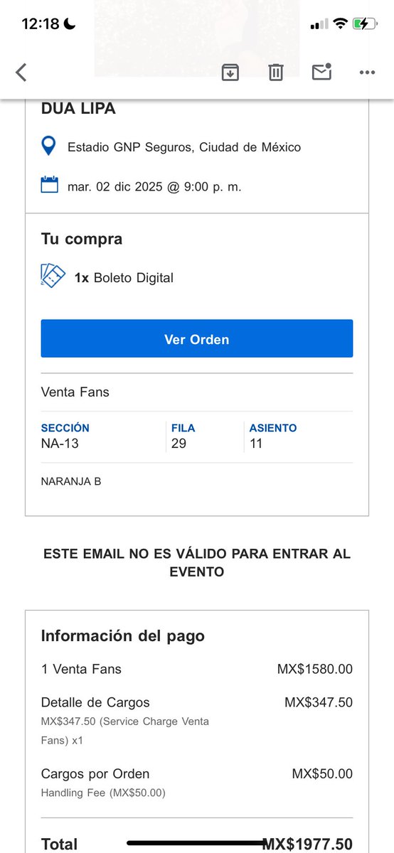 kathdsl's tweet photo. @m_choperena @antigigit Holaaa, esta es la info del boletoooo. Con detalles del precio desglosado y todo al mismo precio de Ticketmaster 🥺🥺 avísame si te interesa y te mando mi número para ponernos de acuerdo por WA si quieres 🥺 https://t.co/21FIeuzVEV